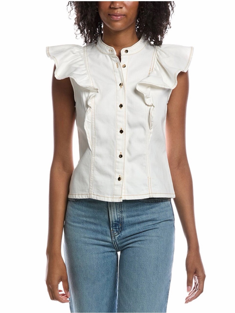 Current/Elliott White Button-Front Ruffle Blouse, Mandarin Collar, L, NWT